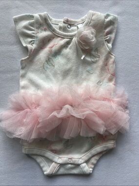 NWOT MINICLASIX Girls Size 3 mths 0-12 lbs One Piece Floral Tulle Tutu Bodysuit